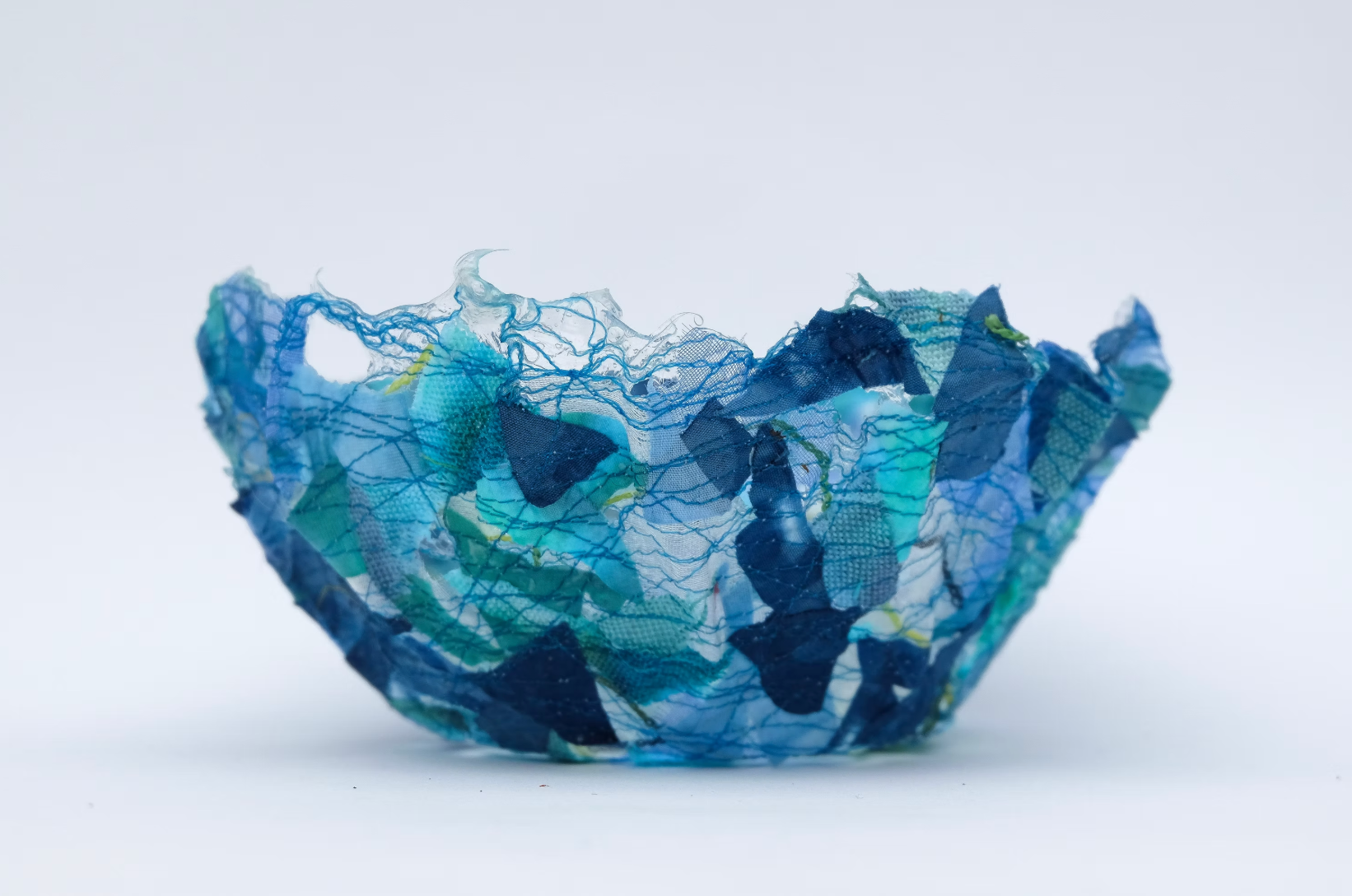 Blue fabric bowl created with water-soluble fabric